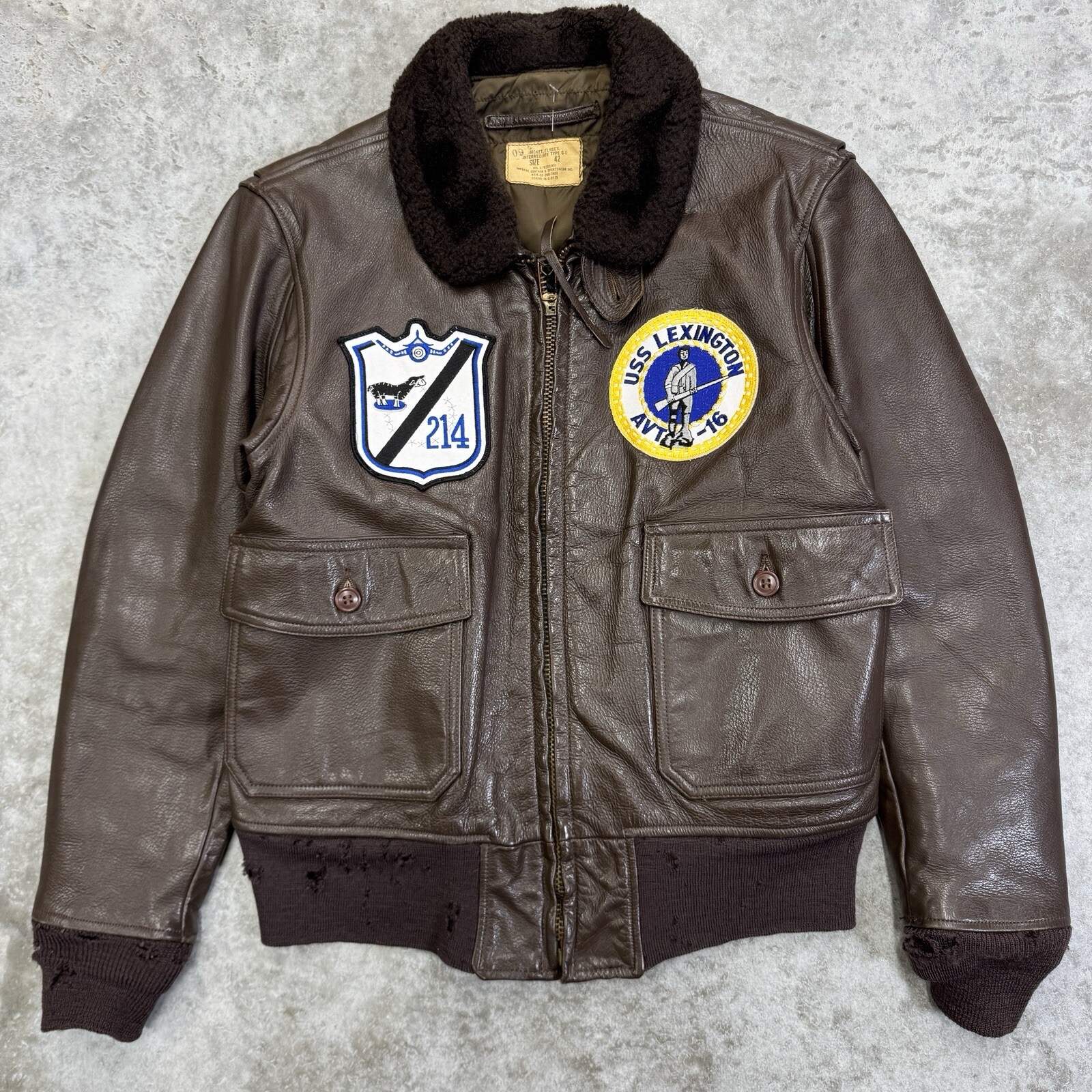Vintage leather flyers jacket G-1 mens 42 patches US Navy USS Lexington AVT-16