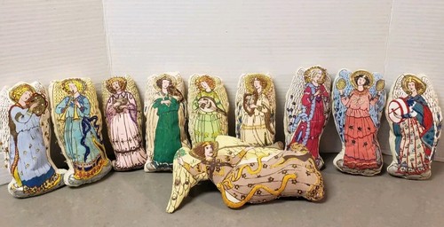 Vintage Lot Set Of 10 Cut And Sew Handpainted Embellished Soft Sculpture Angels