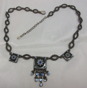 Monet Signed Blue Rhinestone Green & Blue Enamel Flower Chain Necklace Gunmetal