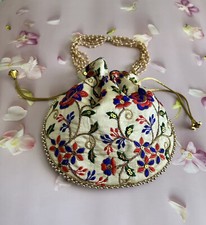 Indian Traditional Ethnic Embroidered Silk Potli Bag For Womens beige floral