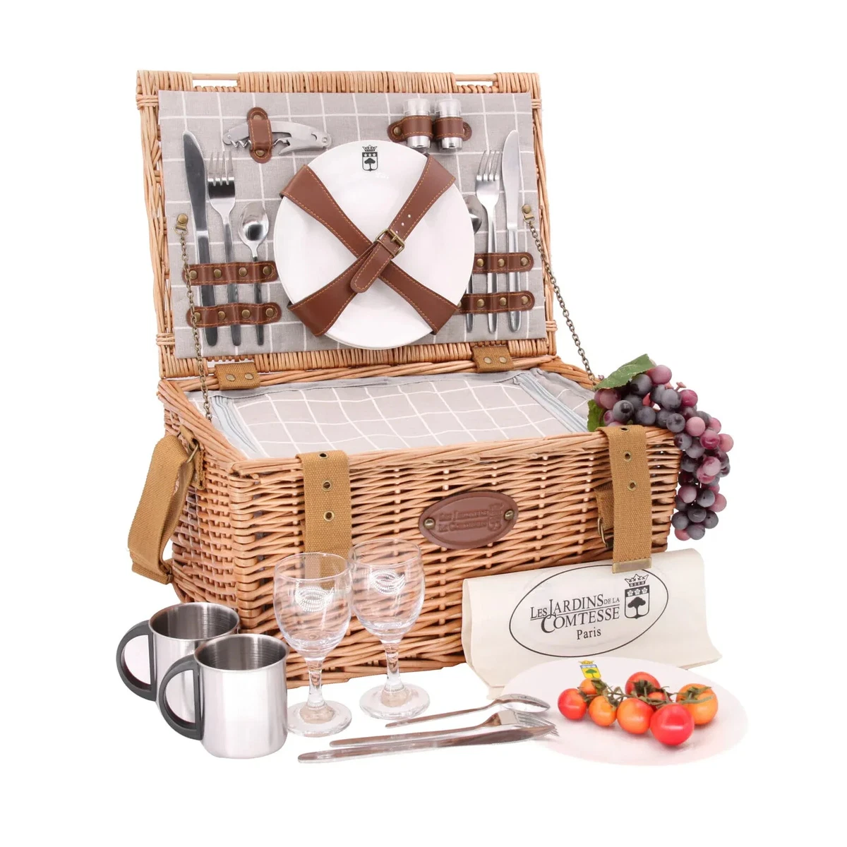 Cestino da Picnic di Vimini, Fodera Staccabile Vintage Cestini da Giardino Rattan con Coperchio e Maniglia per Pasqua, Picnic, Campeggio, Cesto da Picnic Vuoto (Plaid rosso