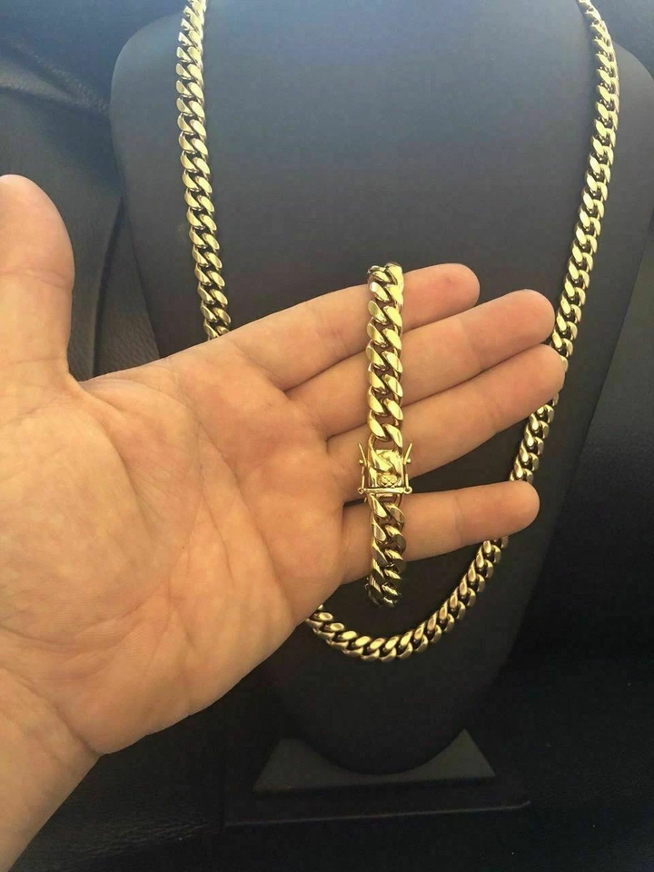 10mm Mens Miami Cuban Link Bracelet & Chain Set 14k Gold Plated Stainless Steel - Image 3 of 4