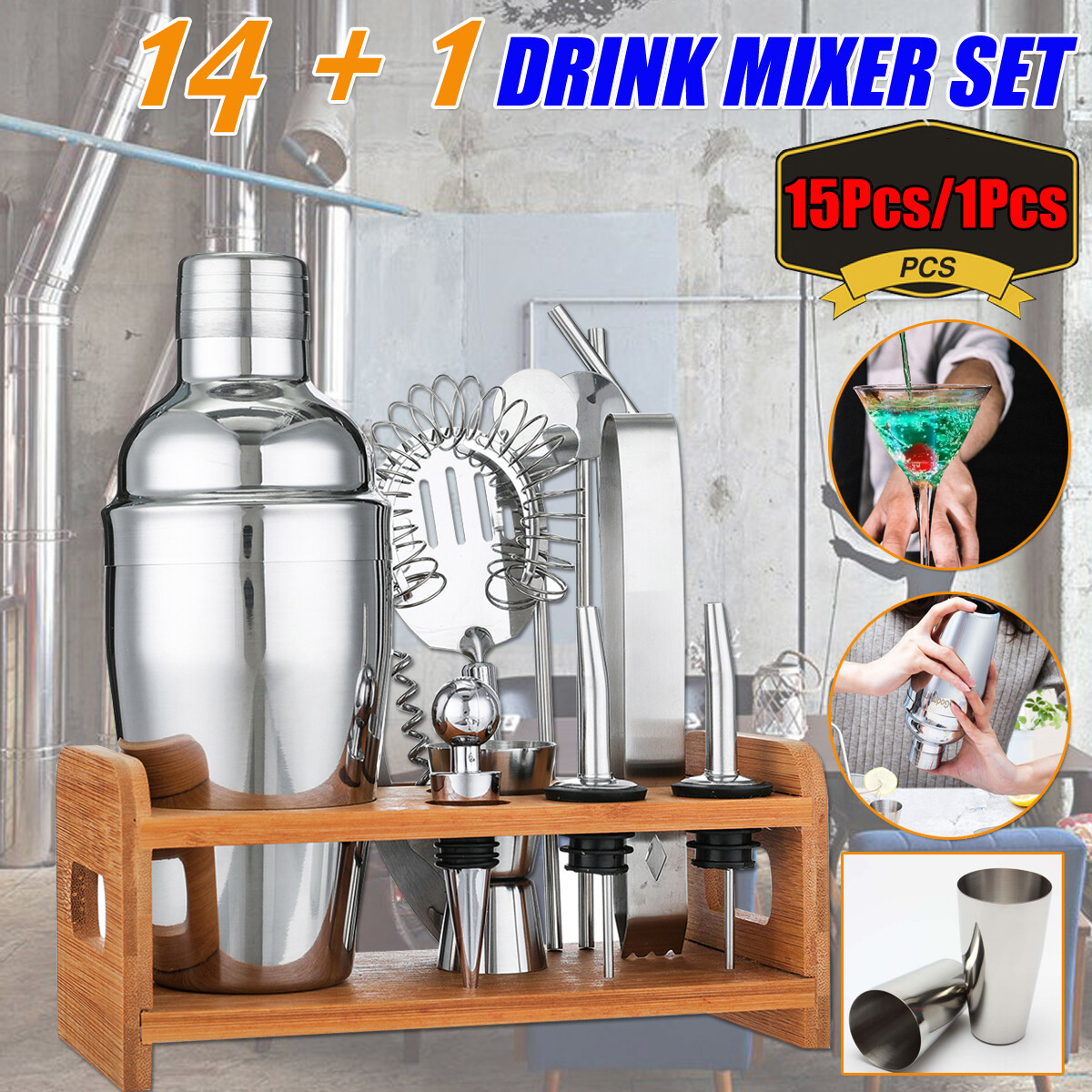 15Pcs 550ML Stainless Steel Cocktail Shaker Mixer Drink Bartender