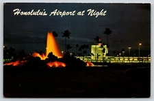 Transportation~View Of Honolulus Airport & Lava Rock Fountain @ Night~Vintage PC