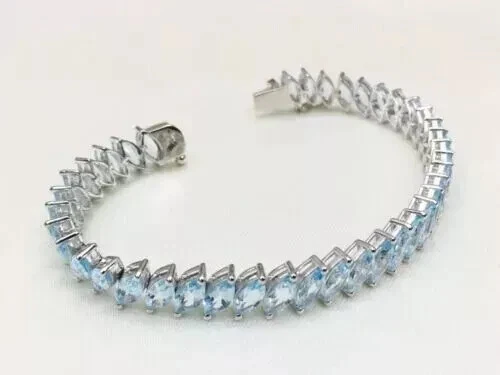 11Ct Marquise Cut Simulated Aquamarine Tennis Bracelet 14K White Gold Plated - Image 3 of 4
