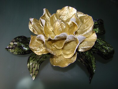 Handmade Gold/Green Leather Flower Brooch Clip