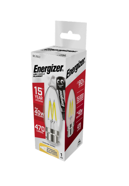 Energizer LED Candle Filament BC / B22 4W = 40W Warm White Bulb