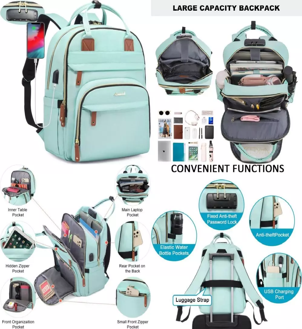 LOVEVOOK Laptop Backpack for Women Large Capacity 15.6 Inch Mint