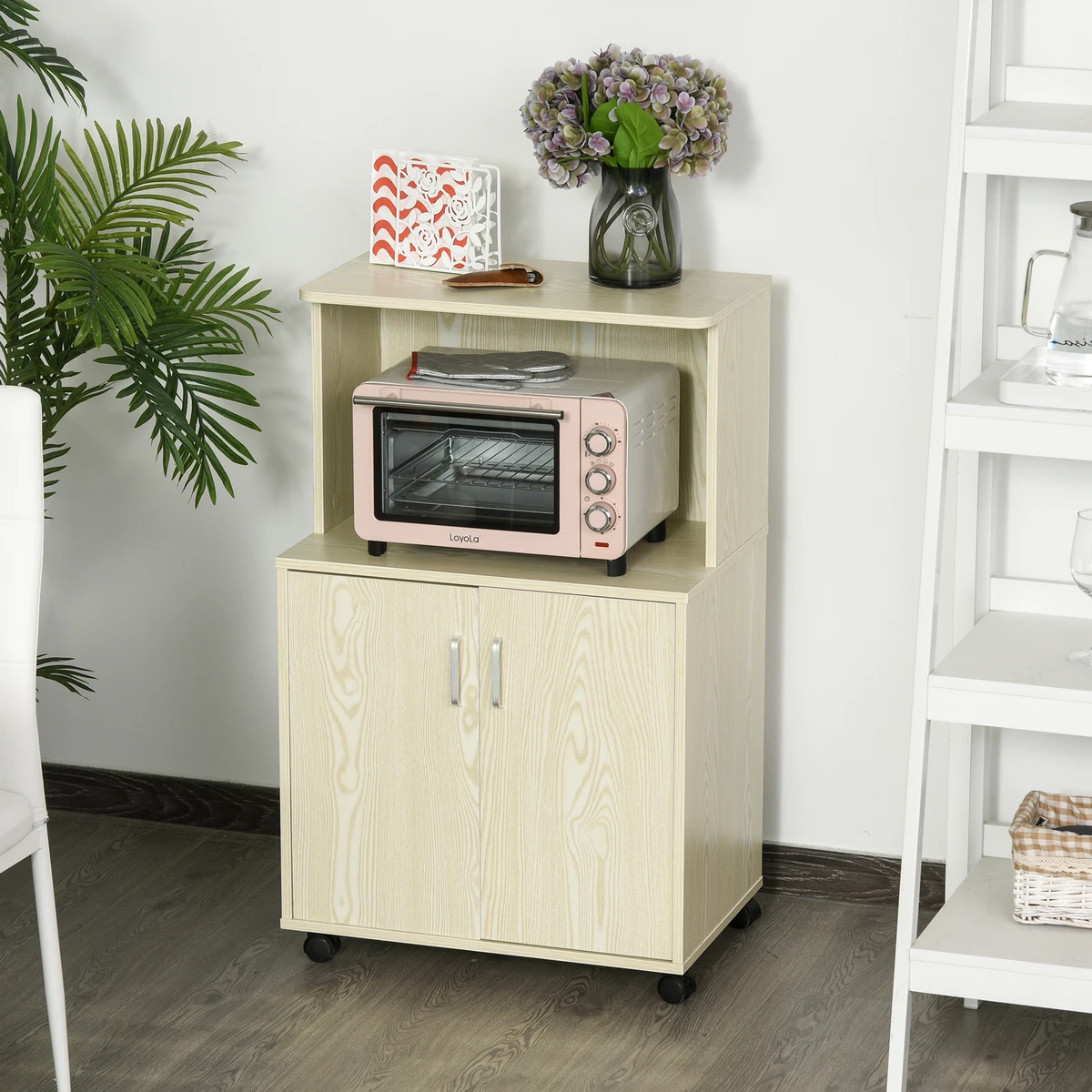 HOMCOM Kitchen Storage Unit Microwave Cart Trolley w Cabinet Wheels Shelf Oak