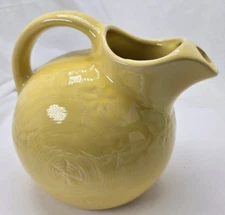 Pitcher Mid Century USA Pottery soft Canary Yellow Snowflake Ball Jug  Ice Lip