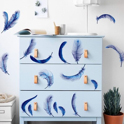 4 Sheets Blue Feather Wall Decals Peel and Stick DIY Feather Wall Stickers Ar...
