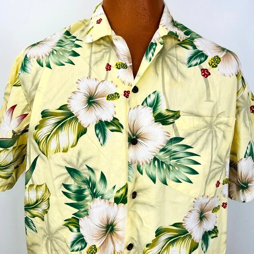 JC Hawaiian Aloha L Shirt Hibiscus Flower Palm Tree Leave Yellow Floral Tropical
