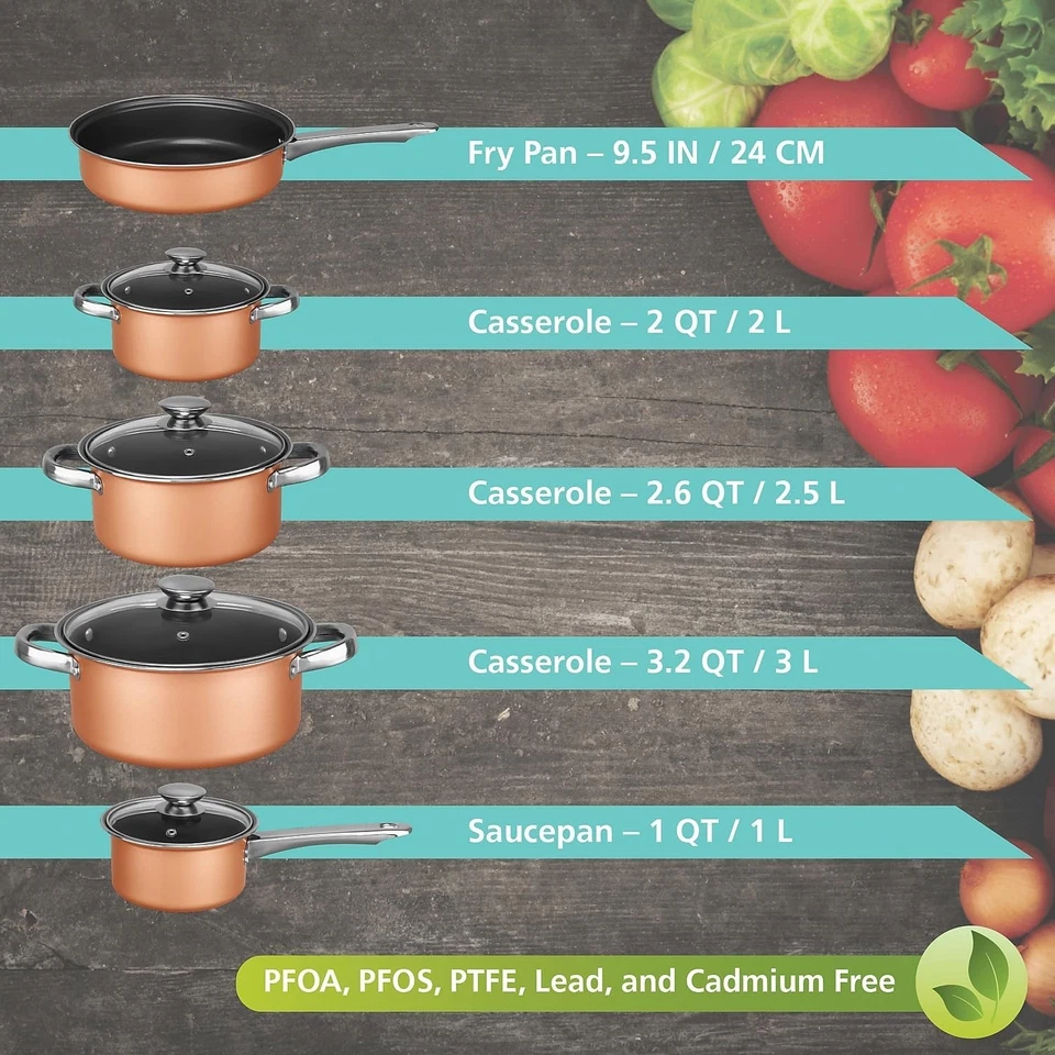 Juego de utensilios de cocina antiadherentes revestidos de cobre Brentwood Appliances BPS-309C 9 piezas con tapas de vidrio Foto 4 de 4