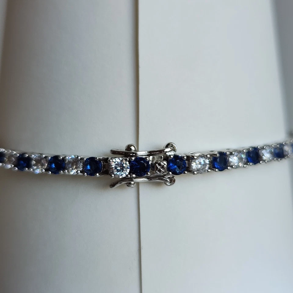 Sterling Silver Tennis Bracelet Simulated Sapphire CZ 7.5" 9g Flowing Design - Image 3 of 4