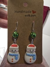 Christmas snowman earrings with dangle drop and green beads great for gifts
