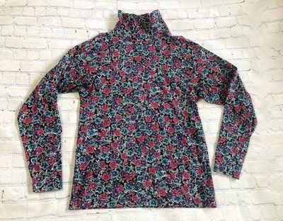 Vtg LL Bean Shirt Floral AOP Small Womens Long Sleeve Turtleneck Made USA Base