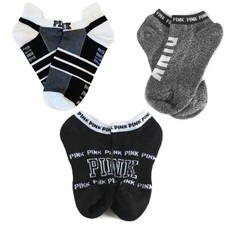 New Without Tags Victoria's Secret PINK Low Ankle Socks 3 Pairs Black Grey White
