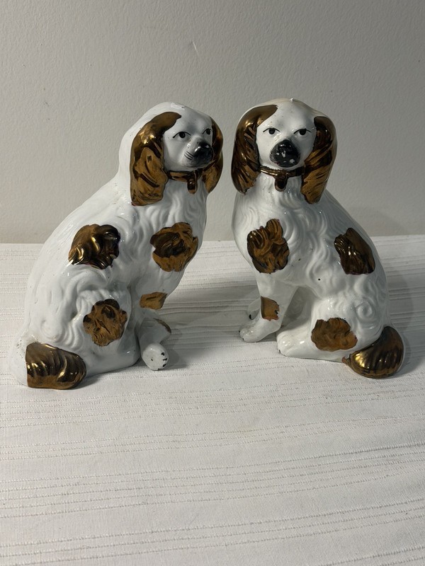 Pair Antique Style Copper Lustre Staffordshire Dogs As Is 1 Broken Leg