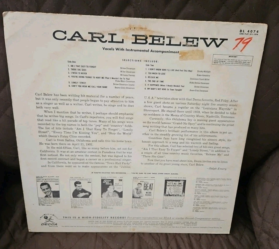 Carl Belew~Lot Of 5~Another Lonely Night, Carl Belew,The Winner and Other Lose** - Image 3 of 4