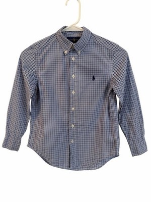 Ralph Lauren Shirt Boy Sz 8 Blue Plaid Cotton Button Down Long Slv Pony Preppy