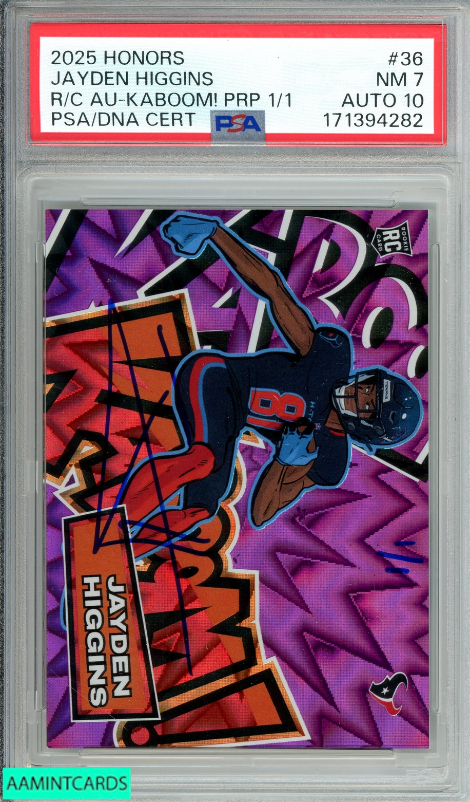 2025 PANINI HONORS JAYDEN HIGGINS #36 RC AU-KABOOM! PURPLE 1 OF 1 PSA 7 AU 10