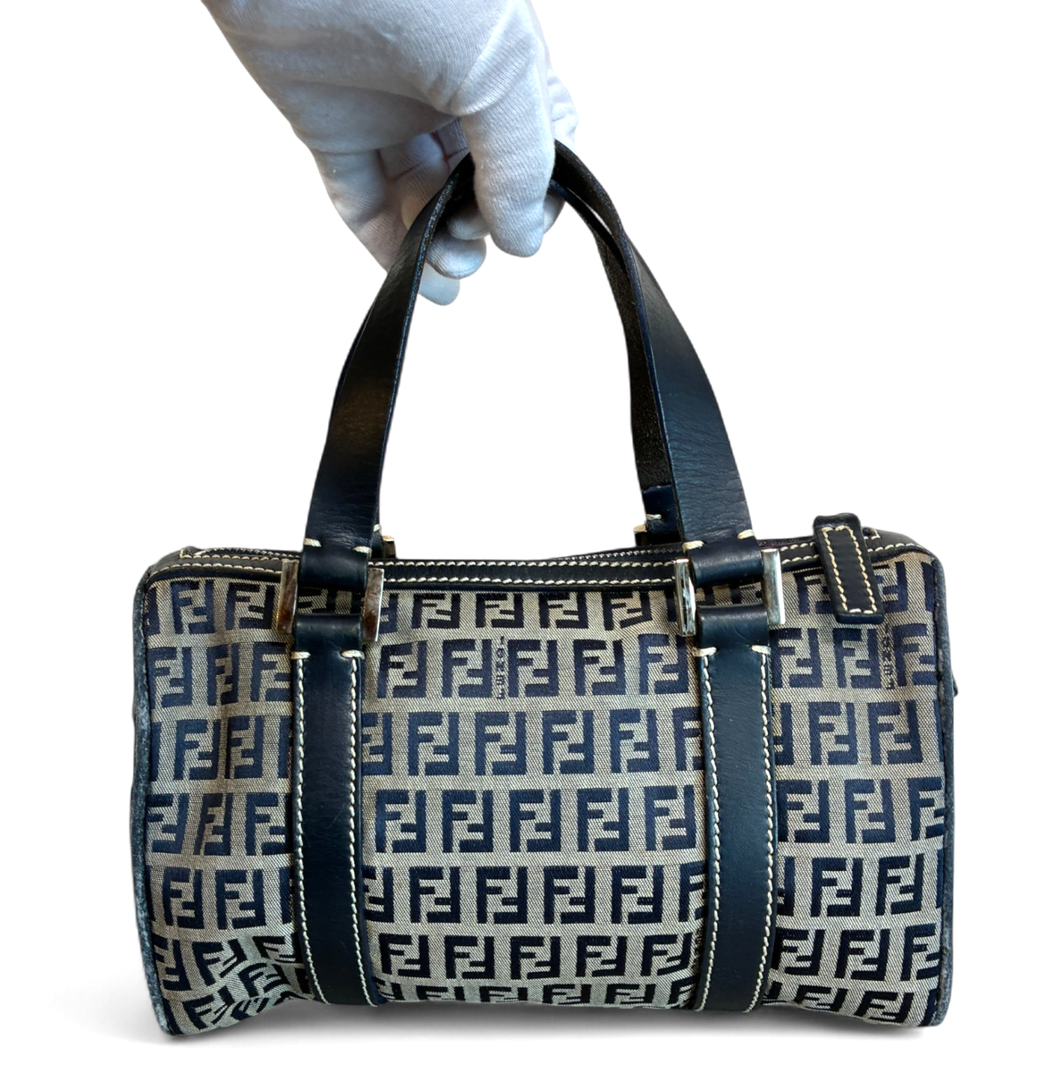 FENDI Zucca ZucchinoFF Monogram Boston Handbag Navy Canvas FENDI Zucca ZucchinoFF Monogram Boston Handbag Navy Canvas