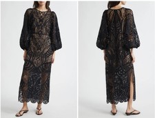 Farm Rio Women's Black Crochet Lace Nature Guipure Midi Dress Size XXS