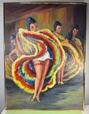 VTG CAN CAN DANCER VIA WALTER FOSTER OIL PAINTING WOMEN NAIVE SELF TAUGHT THRIFT