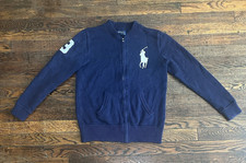 Polo Ralph Lauren Full Zip Sweater White Big Pony Boys L 14-16 Navy