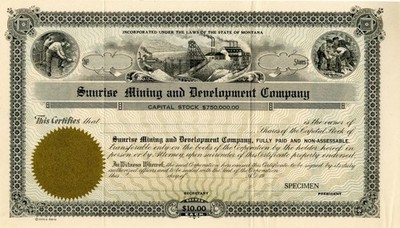 Sunrise Mining and Development Co. - Specimen Stock Certificate - Specimen Sto