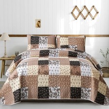 Patchwork Quilt Set Queen Size,3 Pieces Brown Floral Plaid Patchwork Reversib...