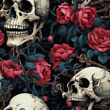 Skulls, red roses, and chains Printed Cotton Fabric By The Yard