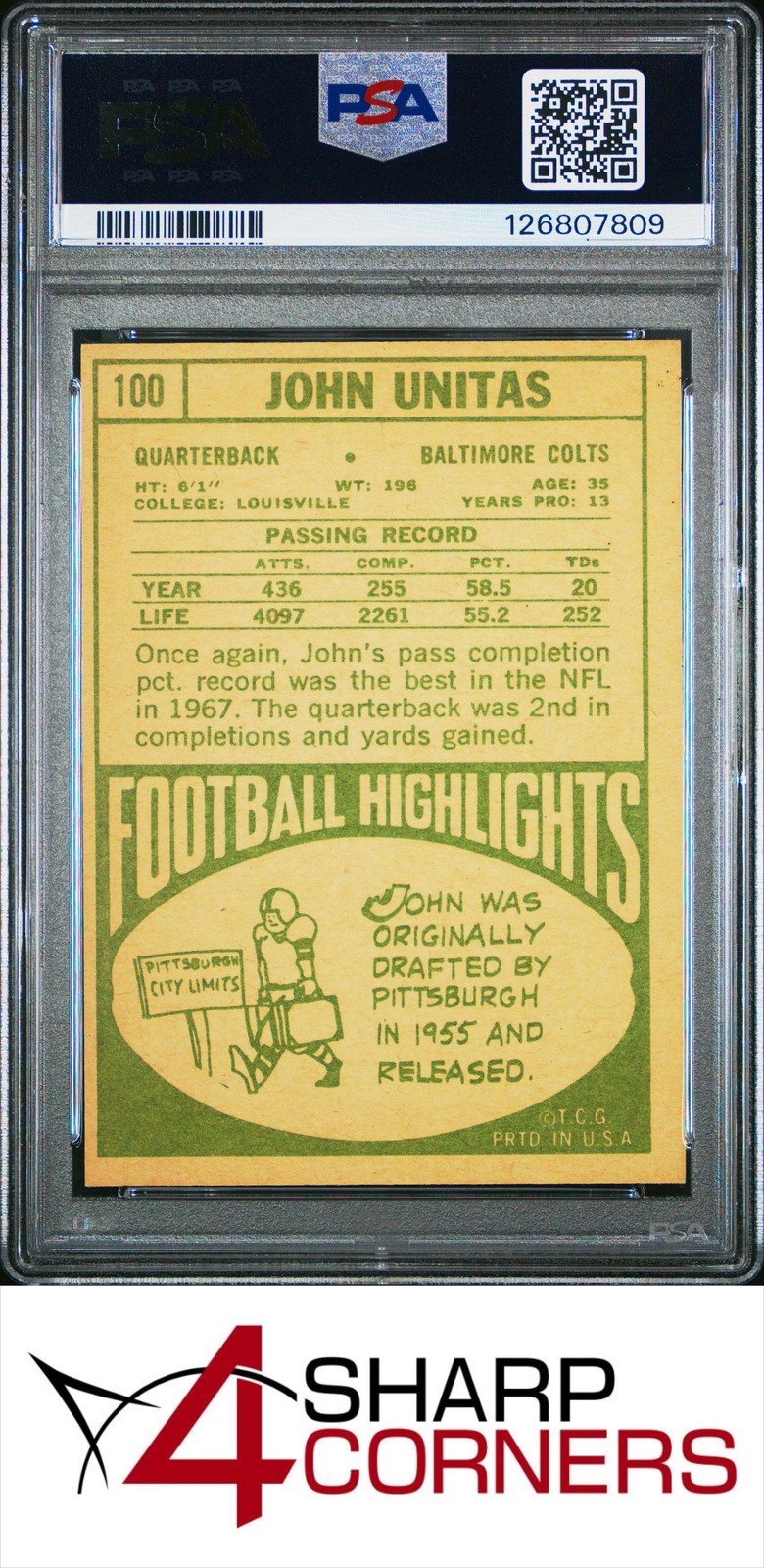1968 TOPPS #100 JOHN JOHNNY UNITAS COLTS HOF PSA 8 view 2