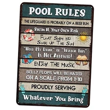  Pool Rules Metal Sign 12x16 Inches, Funny Pool Decorations, All Over Printed