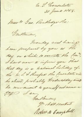  19th Century SC Congressman'' Robert Campbell Hand Written Letter From 1869