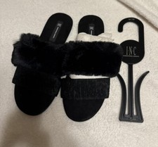inc slippers black slides furry front size 7/8