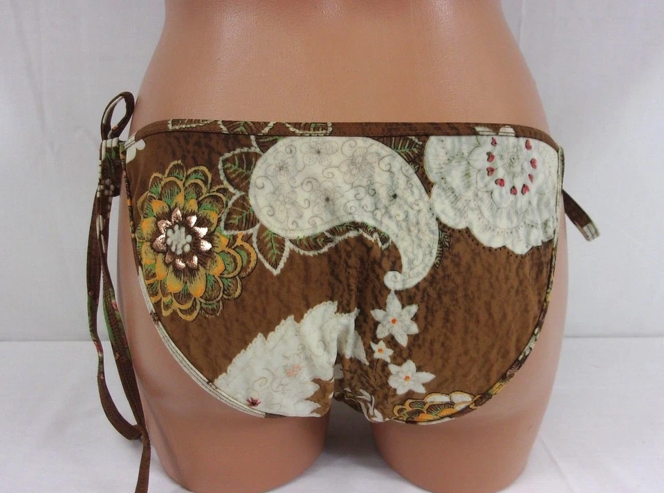 Sauvage Luxe Floral Paisley Bead Embellished String Bikini Bottom S-L Tan 1062L - Image 3 of 3