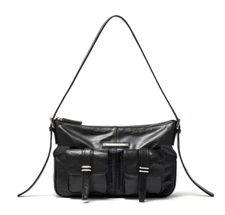 MATIN KIM Double Pocket Shoulder Bag Black PU Leather Korea Trendy Style