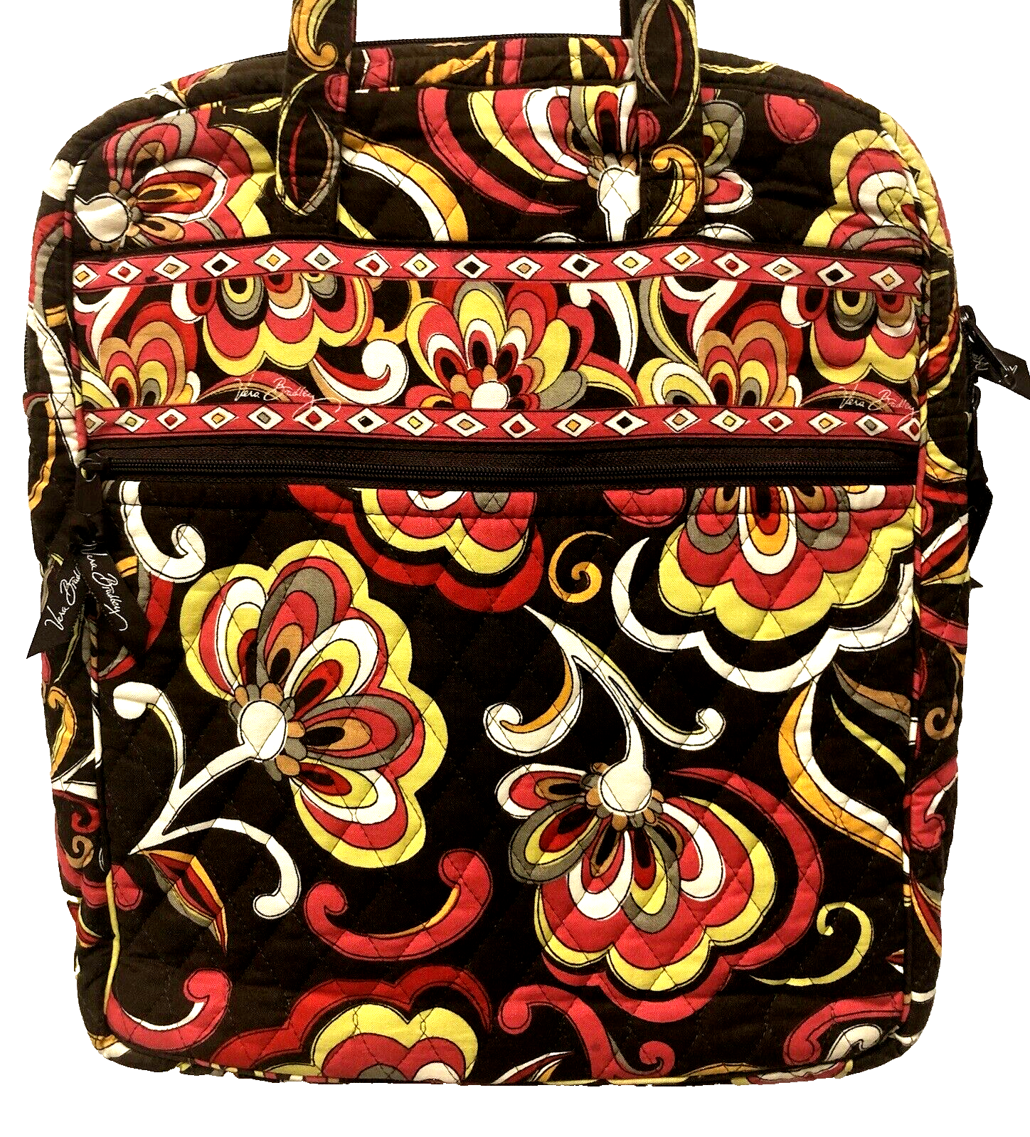 Vera Bradley Large Floral Tote Bag for Women Red Brown Cotton Handbag 14x12 Inches