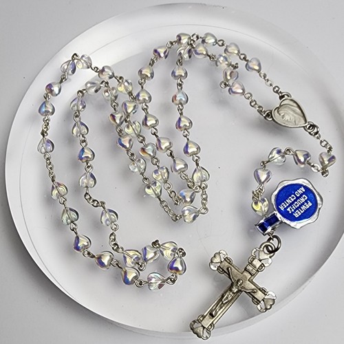 New Pewter Glass Crystal Heart Shaped Iridescent Glass Crystal Rosary Chapel - Picture 8 of 9