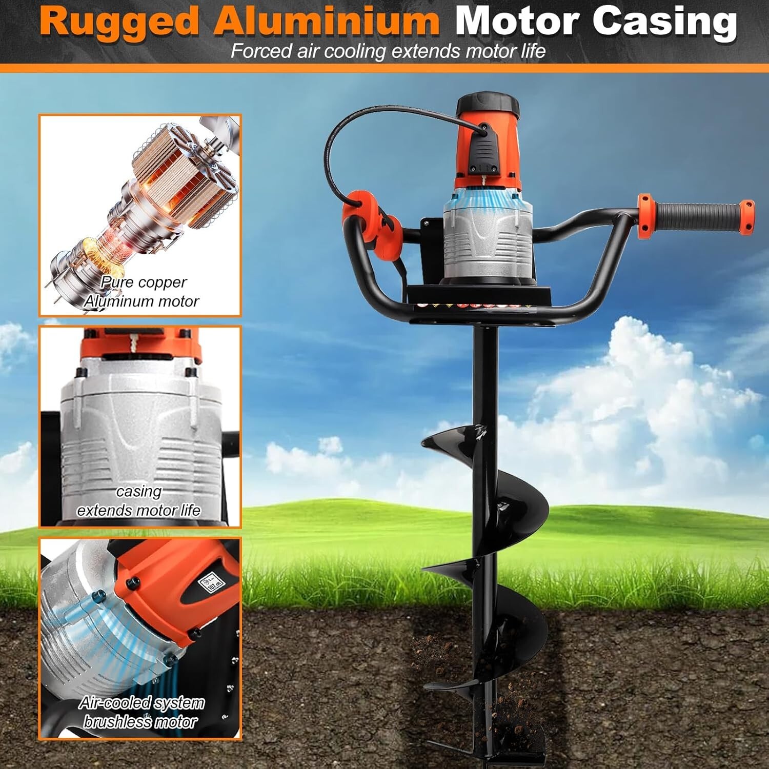 1700W Electric Post Hole Digger Tools with 4" 6" 8" Digging + Extension Rods