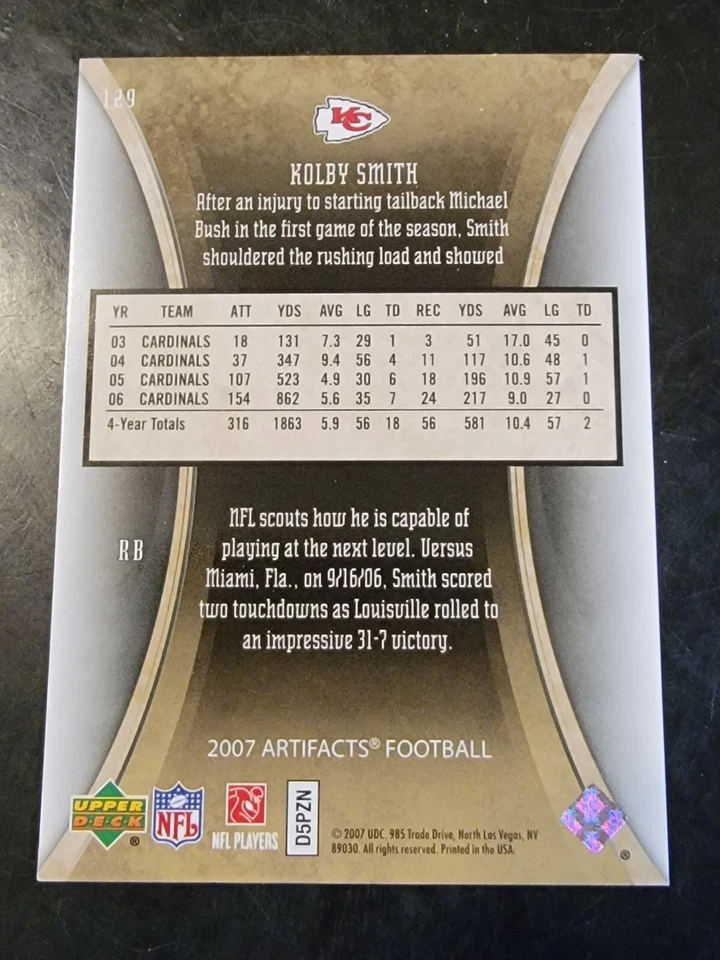 2007 Upper Deck Artifacts Football #129 Kolby Smith  - Image 2 of 2