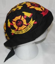 skull cap hat do du doo rag fire dept 'first in-last out' sweat band made in USA