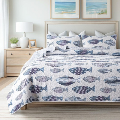 Sea of Dreams 3-Piece Quilt Set - King Size with 2 Shams, Blue and White Ocean-I