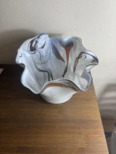 13.50" Dan Bergsma Red Copper Grey White Swirl Art Glass Handkerchief Vase Bowl