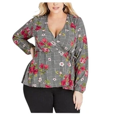 City Chic Gray Floral Long Sleeve Wrap Top size 22