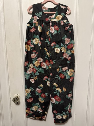 Vintage Handmade Black Floral Romper Jumpsuit CottageCore 80s - Picture 4 of 12
