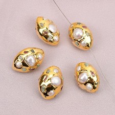 5 Pcs Cultured White Keshi Pearl Tourmaline Paved Oval Loose Beads Jewelry DIY