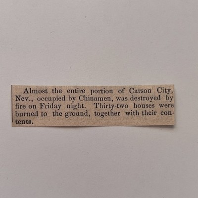 Entire Portion Carson Occupied by Chinamen 1871 Worcester MA Clipping TAJ8-S89