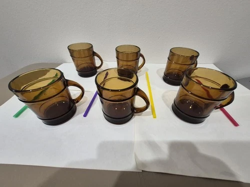 Vintage Anchor Hocking Fire King Brown Glass Barrel Coffee Mug Cup Set Of 6